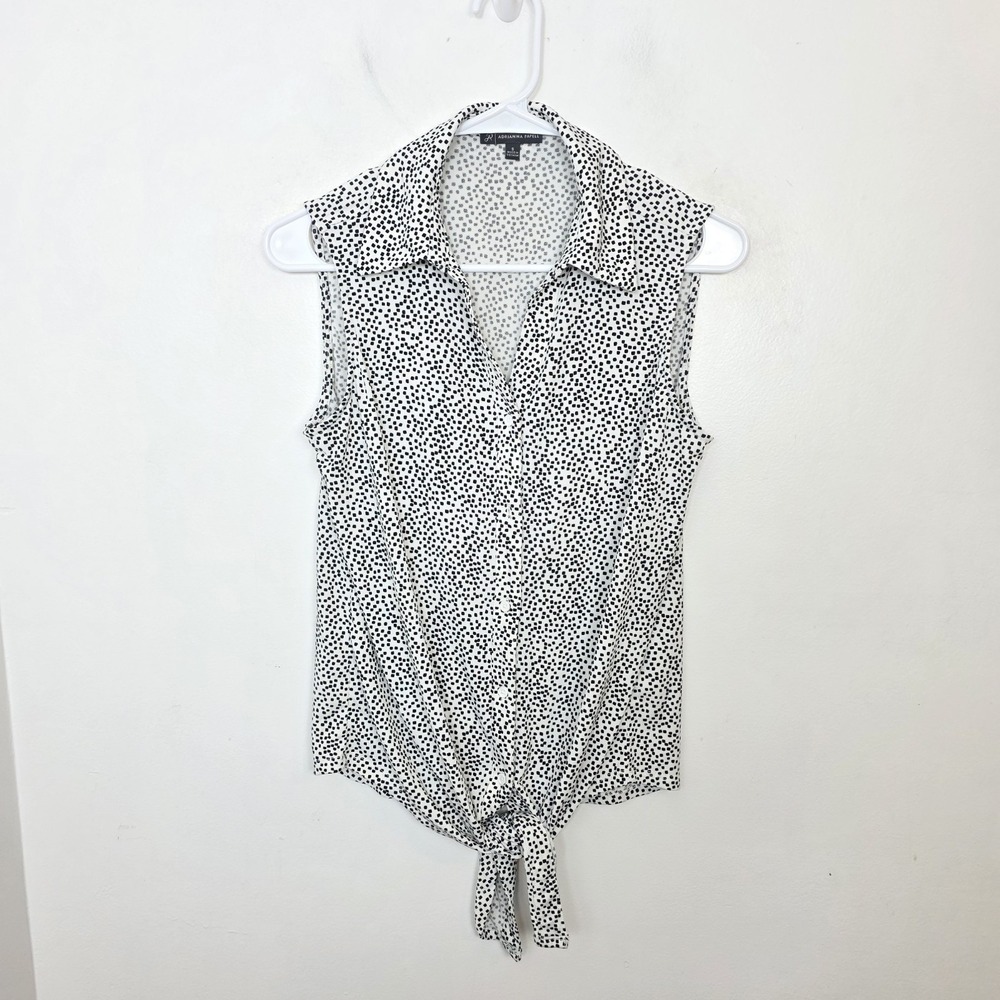 Adrianna Papell White Black Patterned Sleeveless Button Up Tie Shirt Size S